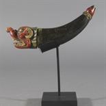 A RITUAL HORN, Tibet, 19th century Carved and painted horn and wood, of tapered crescent-shaped