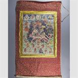 A THANG-KA DEPICTING LHA-MO, Tibet, 19th century Pigment on cloth, the fierce female deity riding
