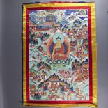 A THANG-KA DEPICTING SAKYAMUNI, Tibet, 19th century Pigment on cloth with gold, the Buddha seated