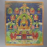 A THANG-KA DEPICTING SAKYAMUNI, Tibet, 19th/early 20th century Pigment with gold on cloth, the