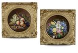 SCUOLA INGLESE XIX Sec. "Nature morte di fiori e frutta". coppia di oli su tela, firmati e datati