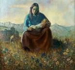 FIRMA INDECIFRABILE Austria, inizio XX Sec. "Maternità con montagne sullo sfondo"olio su tela,