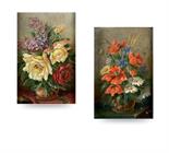 ARTISTA TEDESCO XIX Sec. coppia di oli su tavola, raffiguranti nature morte di fiori, recano firma
