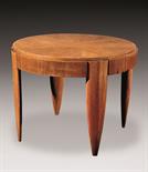 Tavolo rotondo lastronato in noce a 4 montanti. Stile Art DÃ©co Altezza cm. 72, Diametro cm. 95