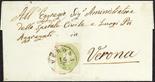 Lombardo Veneto IV emissione  1863 3 s. verde isolato su lettera del 16 febbraio da Verona per città