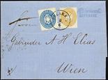 Lombardo Veneto IV emissione - Uso nel Levante Austriaco  1863 10 s. azzurro + 15 s. bruno annullati