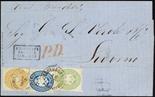 Lombardo Veneto IV emissione - Uso nel Levante Austriaco  1864 3 s. verde + 10 s. azzurro + 15 s.