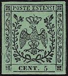 Ducato di Modena Senza punto dopo le cifre  1852 5 c. verde con residuo di carta al verso - Sigla