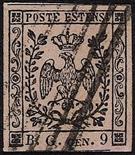 Ducato di Modena Marche per giornali  1853 "B.G." grande 9 c. violetto grigio - Certificati Diena