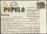 Ducato di Modena Marche per giornali  1853 "B.G." grande 9 c. violetto grigio su giornale "Italia