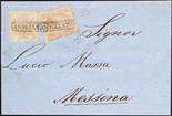 Regno di Napoli  1858 1 gr. I tavola rosa chiaro + 10 gr. II tavola rosa carminio chiaro doppia