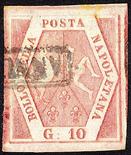 Regno di Napoli  1858 10 gr. II tavola carminio rosa sei esemplari Starting Price: €300