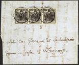 Lombardo Veneto I emissione - Carta a mano  1850 10 c. nero carbone striscia orizzontale di tre su