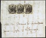 Lombardo Veneto I emissione - Carta a mano  1850 10 c. nero carbone striscia orizzontale di tre su