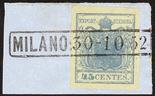 Lombardo Veneto I emissione - Carta a mano  1850 45 c. azzurro venti esemplari  Starting Price /