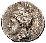 Velia - Didramma databile al periodo 340-330 a.C. Fronte: testa di Atena a sinistra con elmo