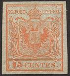 Antichi Stati Italiani Lombardo Veneto I emissione - Carta a mano 15 c. rosso I tipo Firma A.D.