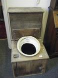 Interesting c1850`s pine sand closet, in need of restoration, original china bucket top, by Moules