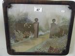 Victorian rosewood framed silk work picture depicting Manor house entrance with flowers 14" x 12"