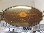 Superb 19c mahogany and satinwood inlaid oval serving dish with tray, brass gallery and handles, 26"