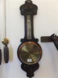 Edwardian period Banjo Barometer with brass Barometer dial and brass Thermometer section Stained oak