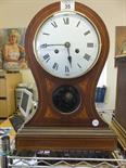 Edwardian period inlaid drum shaped mantle clock 18" tall dial to the centre section 7.5" wide above