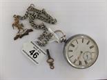 Silver h/m 1884 J W Benson pocket watch with key wind action original key, enamel dial with Roman