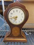Late 19c small Drum clock, waisted design with inlaid decoration 9" tall with later 8 day
