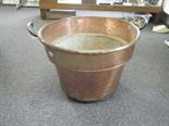 Large copper and steel 19c log basket 2`6" dia x 18" tall steel carrying handles