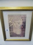 Gilt framed coloured print after Louis Icart partly clad Female 4" x 8"