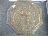 Indian-Asian hexagonal topped carved oak table, the top section profusely carved with an image of
