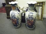Pair of monumental large china vases with classical English style cherub and foliage decoration,
