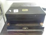 Caddy topped work box with brass plates, the top opening to reveal storage above a single small
