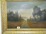 Oil painting on canvas of a lone figure in a panoramic alpine wood landscape, 14 x 20 approx