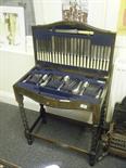 1940`s oak serpentine fronted cutlery box on stand Barley twist supports unite the top section,