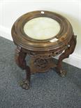 Oriental design hardwood Torchere/plant stand, with insets, circular marble top leading to an