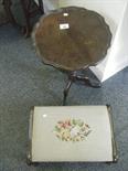 Modern tapestry upholstered foot stool and a similar period wine table,