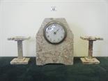 Coloured marble Art Deco clock garniture, comprising centre clock with 8 day movement, and a pair