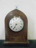 Edwardian period arched topped inlaid mantle clock with an 8 day timepiece 8"" tall and 6"" wide,