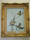 Gilt framed oil painting on canvas signed A Ramon, 3 Goldfinches on a tree branch 12 x 18 approx in