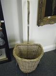 Vintage Wicker shopping basket, on pair of wheels with walking stick style handle,