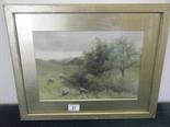 George Oyston, f/g watercolour of a panoramic country landscape scene with sheep, date 1897 Image