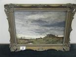 Gilt framed oil painting on board, panoramic landscape scene signed G Dickens, 1921 15"" x 10""