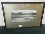 Lionel Heath 1920, panoramic river and landscape scene from Mere in Cheshire, image size 6"" x 14