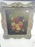 19c swept gilt frame with enclosed oil painting on canvas Still life of roses 24 x 30 approx