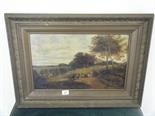 Gilt framed oil painting on canvas of a panoramic landscape scene with figures cows and buildings,