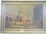 Gilt framed print on canvas? Arabian or Moroccan scene town centre with figures 20 x 30