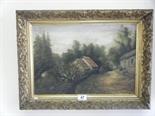 Gilt framed oil painting on canvas c1900 Cottage by a river scene 12 x 16 signed L Blondel