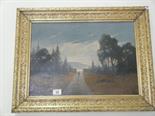 Gilt framed oil painting on canvas 14 x18 panoramic landscape with figures signed