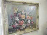 Large framed oil painting on canvas Still life of Flowers signed H F Borton 24"" x 36